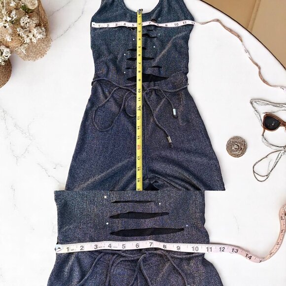 Vintage Kitty Y2K 90s Catsuit Playsuit Jumpsuit Wide Leg Size XS Black Silver - Picture 5 of 10